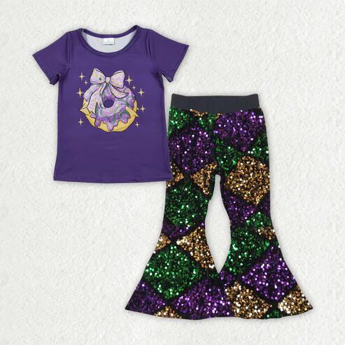 RTS NO MOQ Sibling Baby Girls Mardi Gras Outfit Top with Bell Bottom Pants Clothing Set for Infants