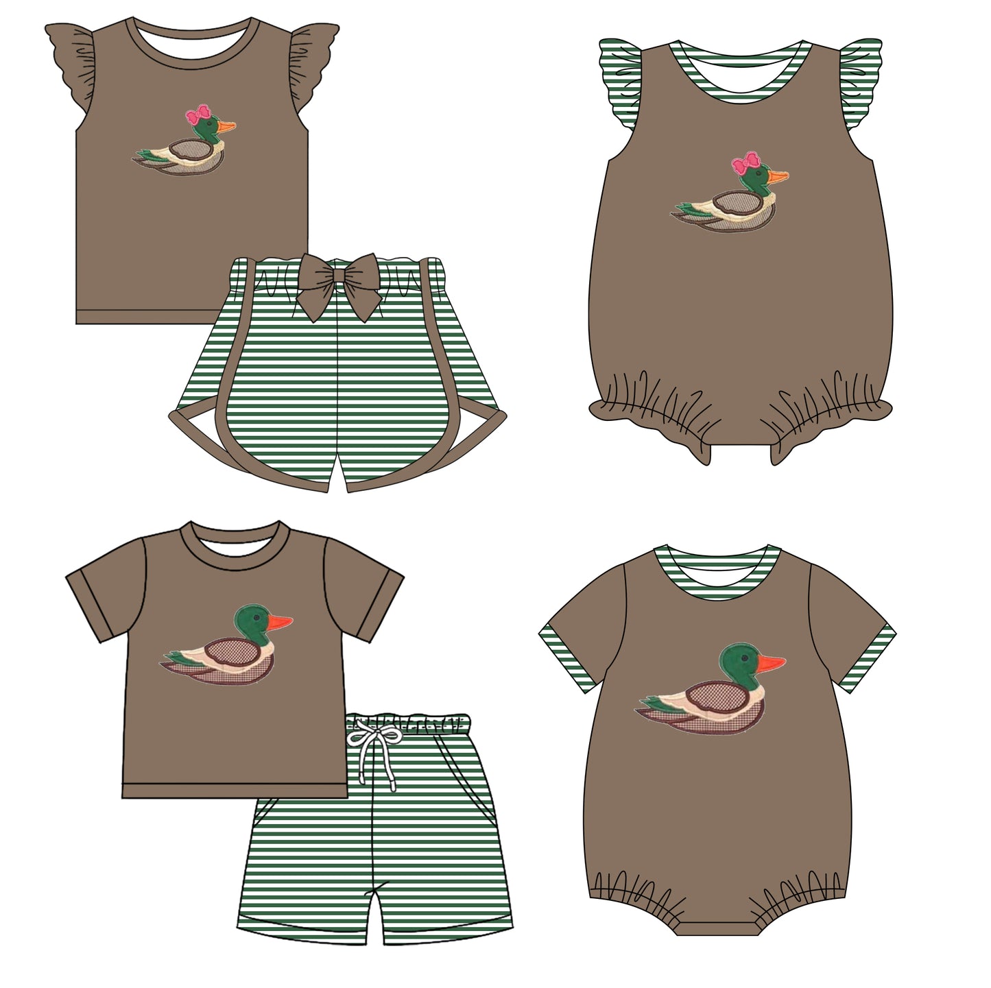 12.4 custom each style moq 5eta 4-6week Sibling Sister duck baby girl short sleeve shorts sets and sets 2 and girls romper and boy romper match design