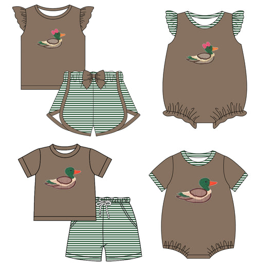 12.4 custom each style moq 5eta 4-6week Sibling Sister duck baby girl short sleeve shorts sets and sets 2 and girls romper and boy romper match design