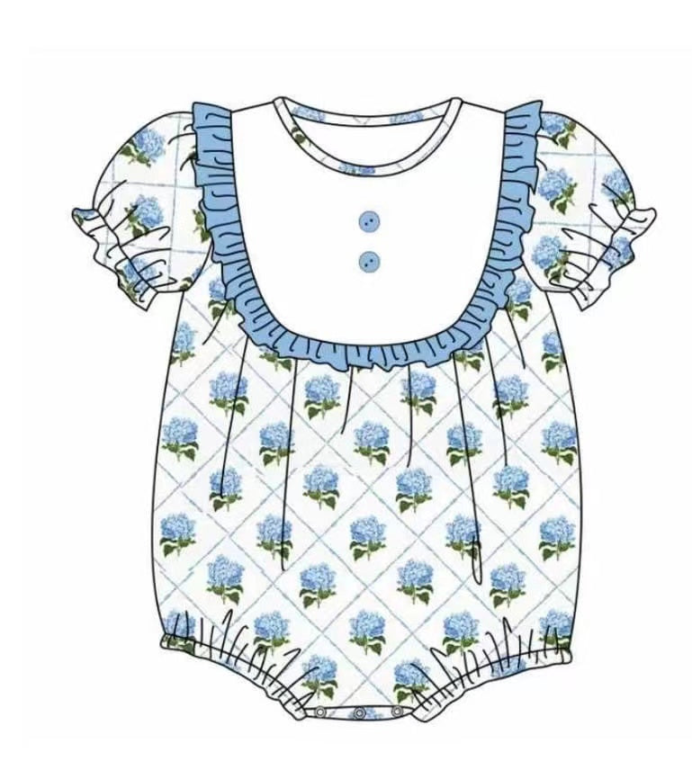 5.11custom each style moq 5eta 4-5week Sibling Sister blue flower prints blue girls outfits and baby romper and dress match family design