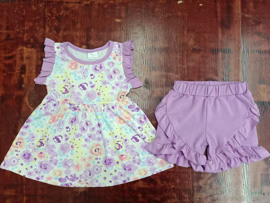 Custom moq 3 eta 6-7weeks baby girls clothes floral purple suspender shorts sets