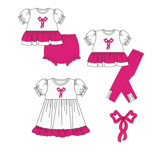 Custom moq 5 each style eta 6-7weeks baby girl clothes bow short sleeve pants and dress and briefs sets