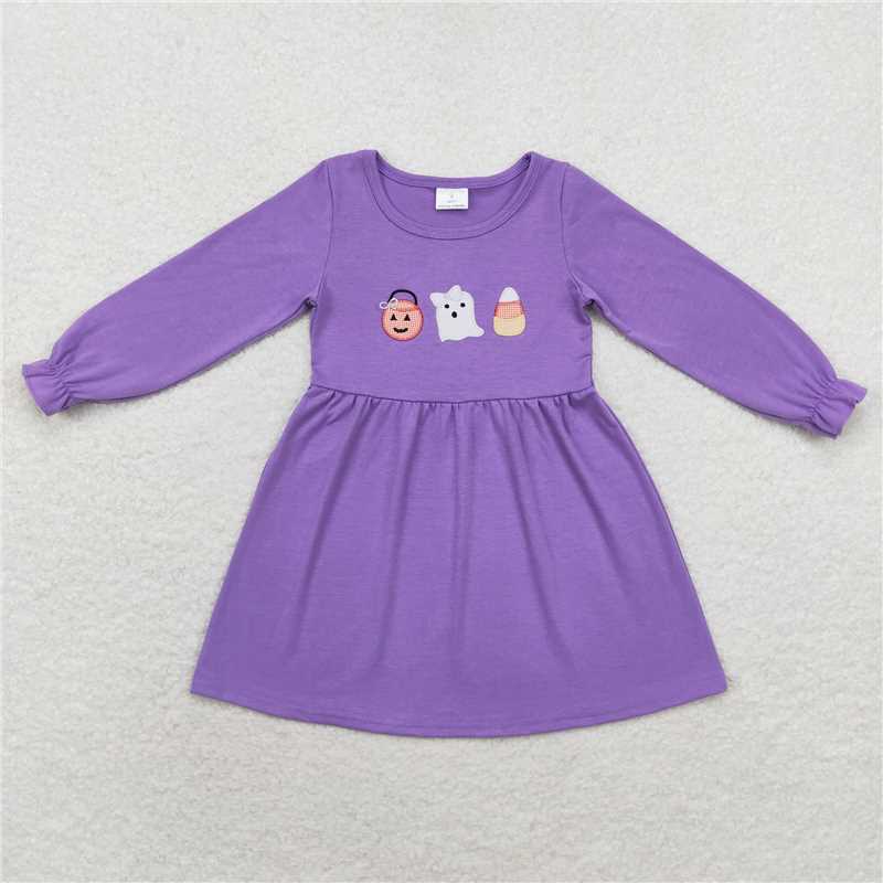 RTS NO MOQ（In Stock) GLD0575 baby clothing embroidery Halloween purple long sleeve dress