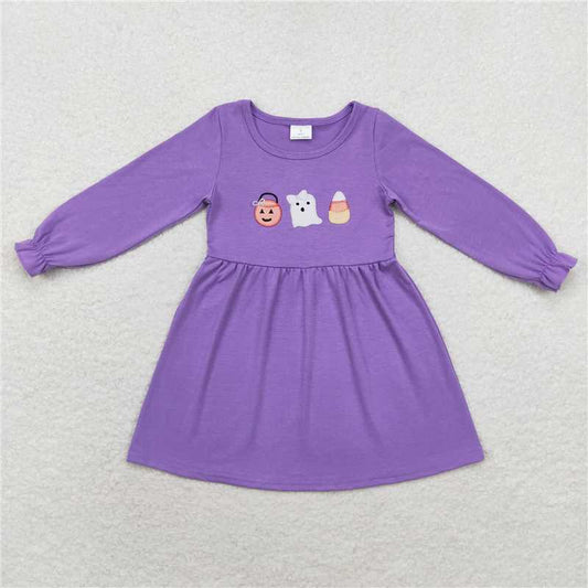 RTS NO MOQ（In Stock) GLD0575 baby clothing embroidery Halloween purple long sleeve dress
