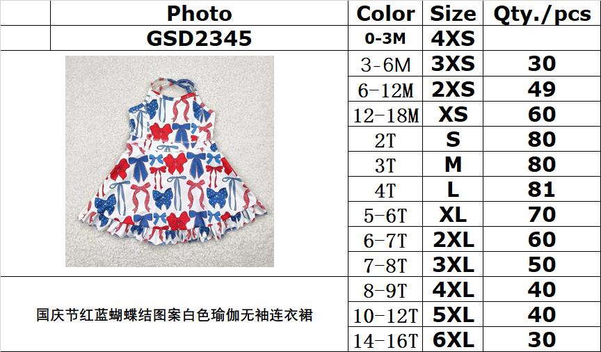 RTS NO MOQ GSD4064 National Day red and blue bow pattern white yoga sleeveless dress