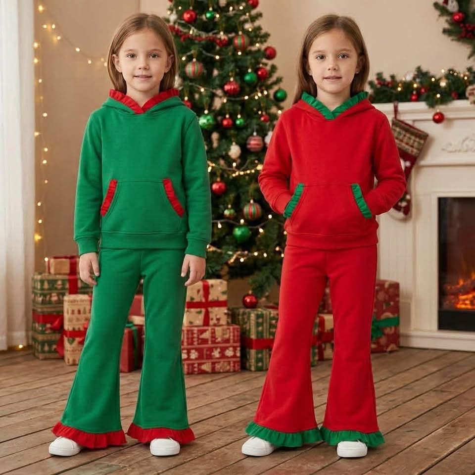 (Preorder new) No moq CHRISTMAS RUFFLE SETS Baby Girls Solid Long Sleeve Hooded Top Ruffle Hem Flare Pant Clothes Set Casual Outfit