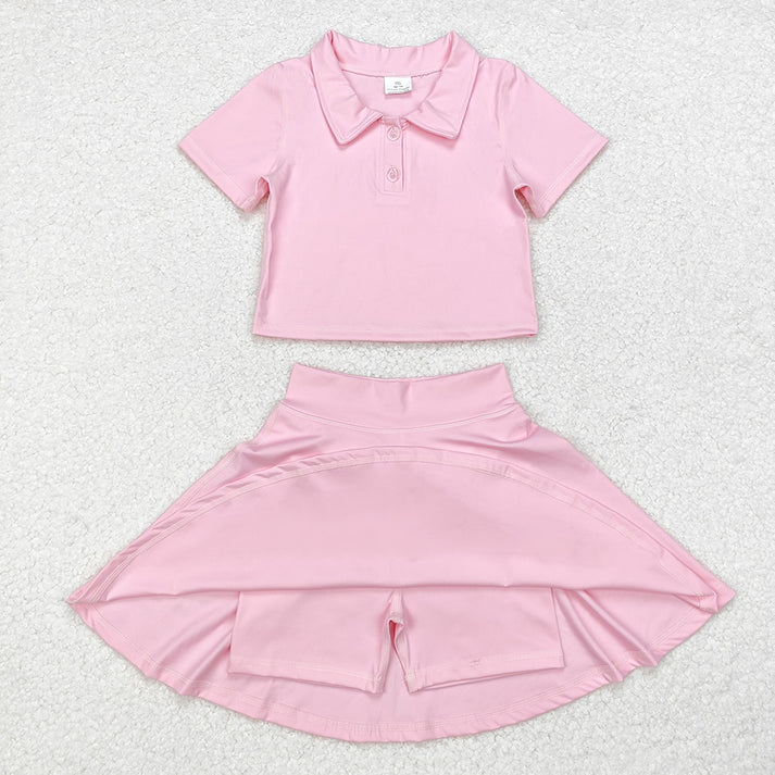 RTS NO MOQ Solid color button-down short-sleeved pullover-pants skirt suit