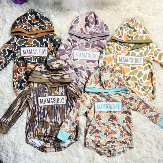 RTS NO MOQ Sibling baby boy clothes Embroidered Mama's Boy Brown-Green Camouflage Hooded Long-Sleeve Jumpsuits
