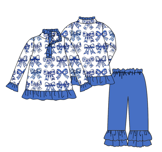 Custom moq 5 mix size milk silk baby girl clothes bow blue long sleeve pants sets