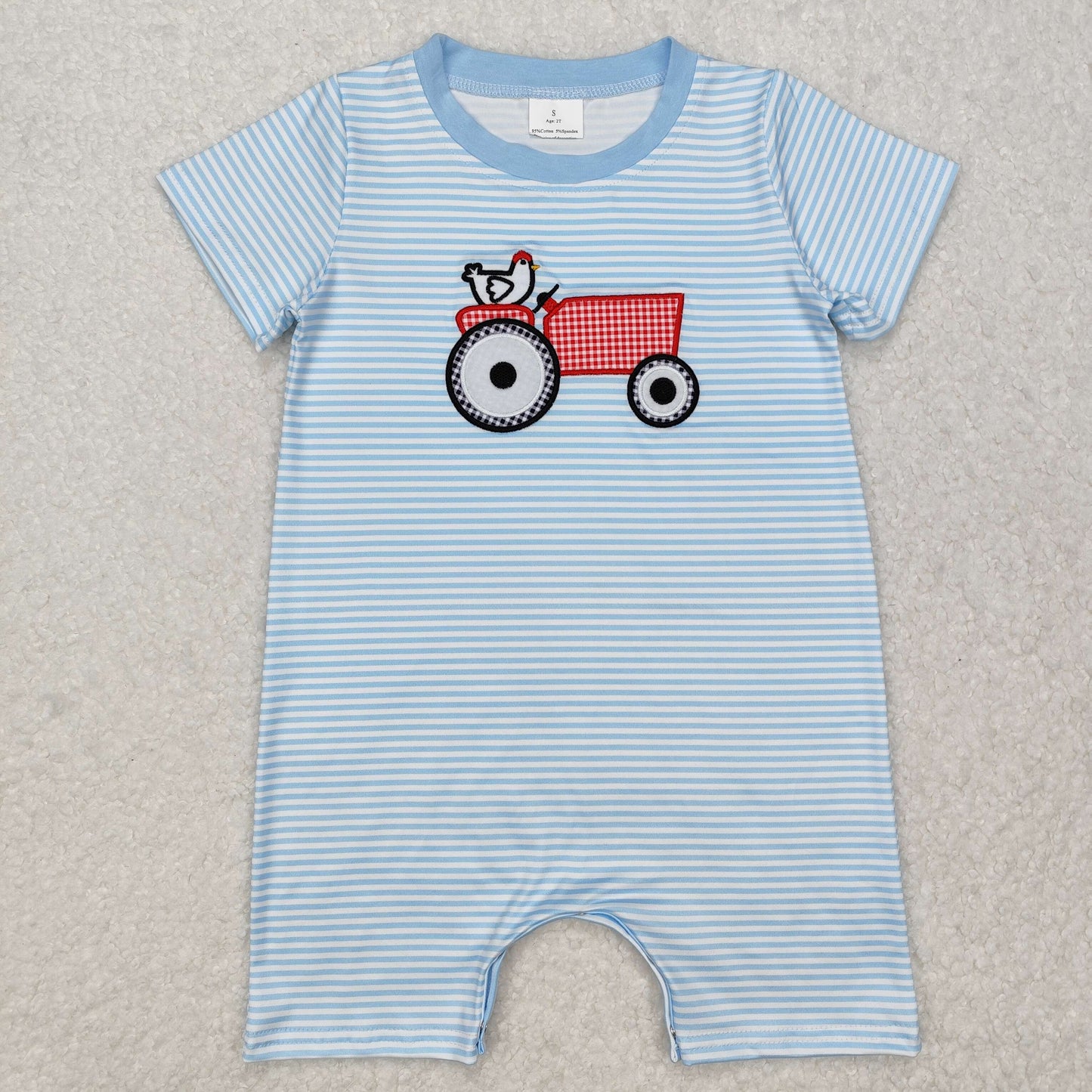 RTS NO MOQ ETA 5/7days arrived SR2406 Short-sleeved jumpsuit with embroidered chicken tractor blue stripes