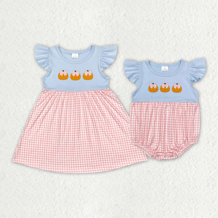 RTS NO MOQ Blue and pink plaid flying sleeve dress & romper with embroidered pumpkin pattern