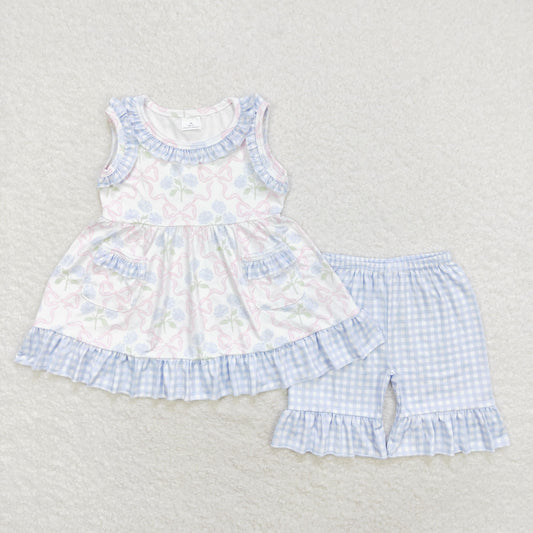 rts no moq GSSO1051 Blue flower pink bow pattern plaid lace sleeveless shorts suit