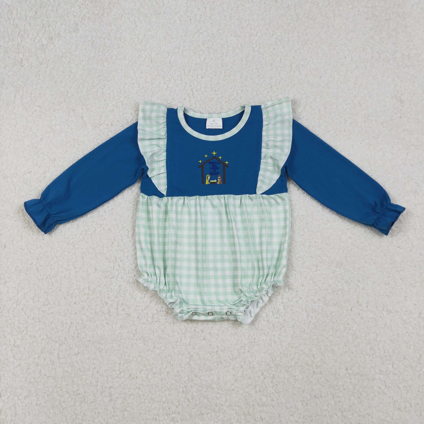 RTS NO MOQ（In Stock) LR2477 Blue long-sleeved bodysuit with embroidered Jesus green plaid lace