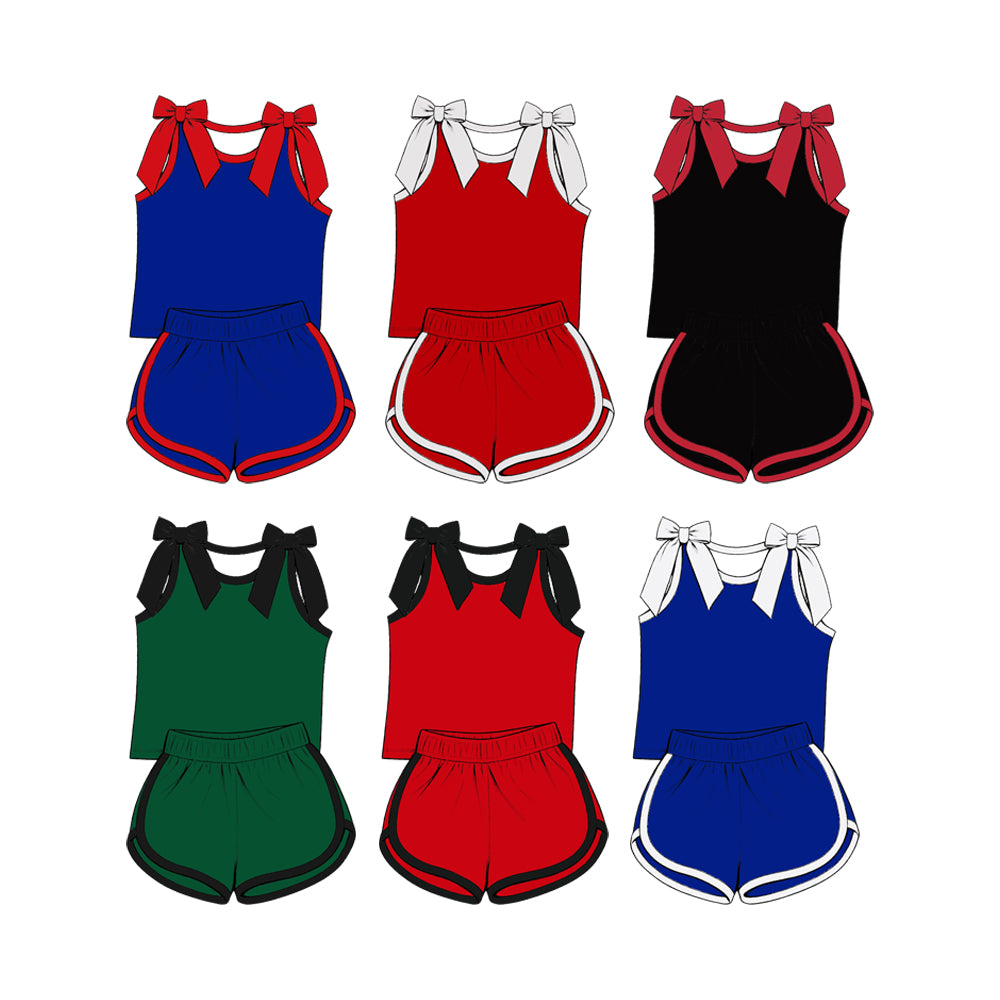 custom moq 5 mix size Baby Girls Solid Color Bow Sleeveless Top Shorts Summer Casual Clothes Set