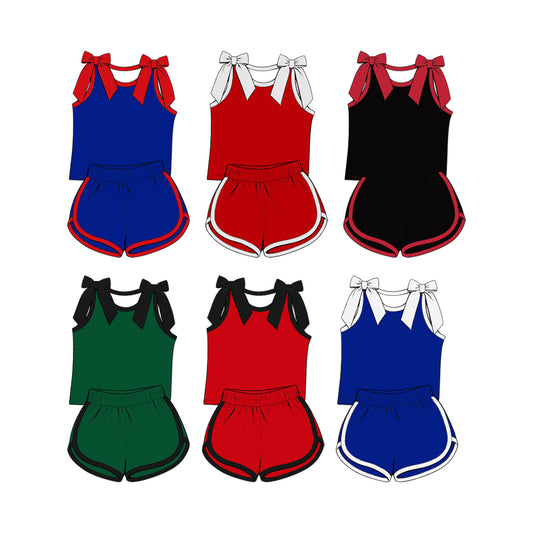 custom moq 5 mix size Baby Girls Solid Color Bow Sleeveless Top Shorts Summer Casual Clothes Set