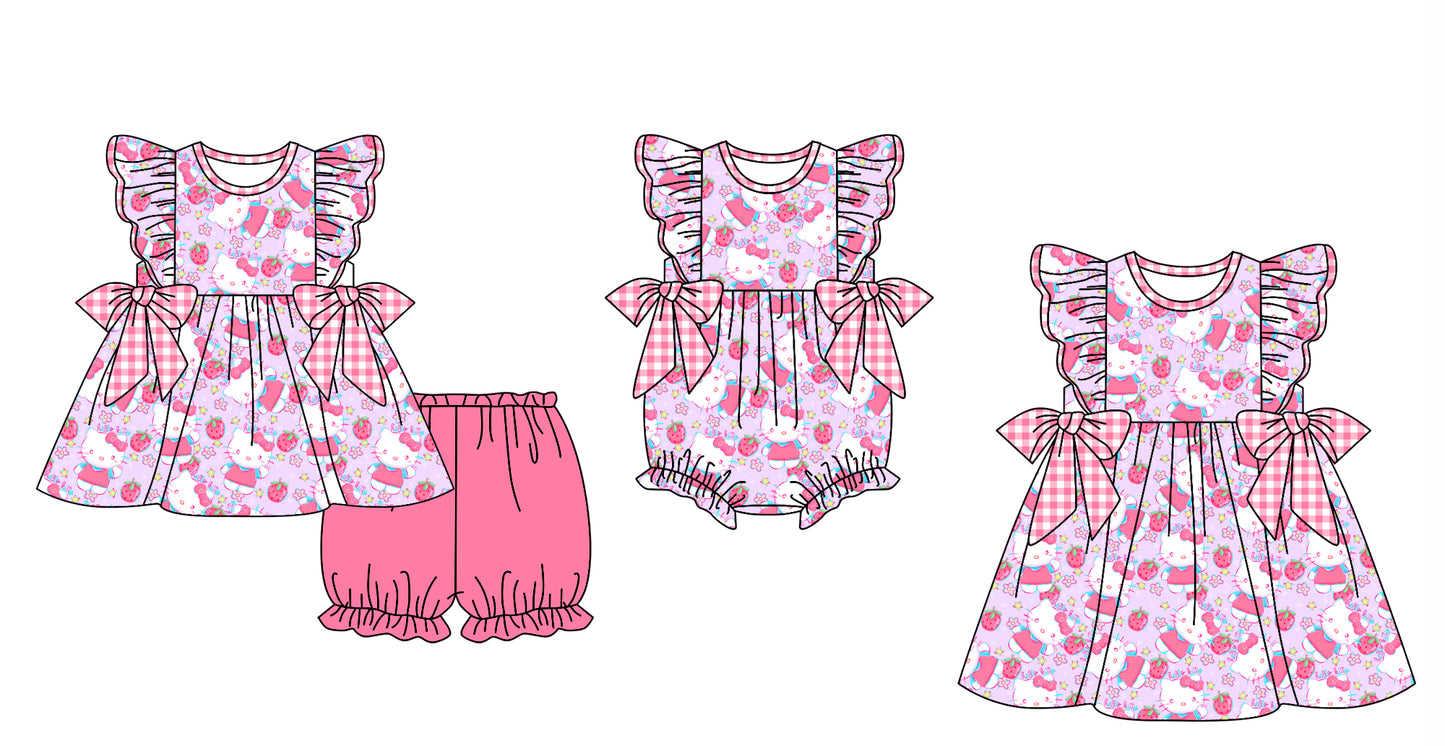 12.4 custom each style moq 5eta 4-6week Sibling Sister hello kitty baby girl short sleeve shorts sets and dress and rompers match family design
