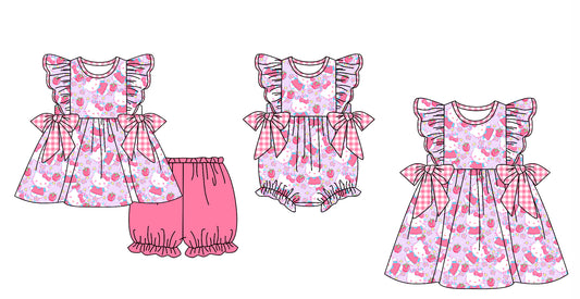 12.4 custom each style moq 5eta 4-6week Sibling Sister hello kitty baby girl short sleeve shorts sets and dress and rompers match family design