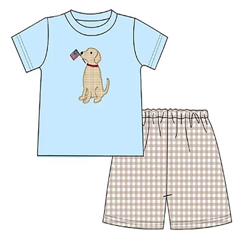 5.17custom each style moq 5eta 4-5week Sibling Sister patriotic puppy print blue girls and boys outfits and baby romper match family design