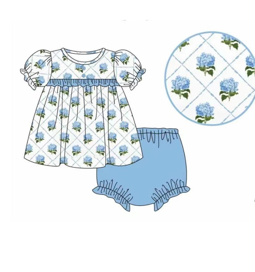 5.11custom each style moq 5eta 4-5week Sibling Sister blue flower prints blue girls outfits and baby romper and dress match family design