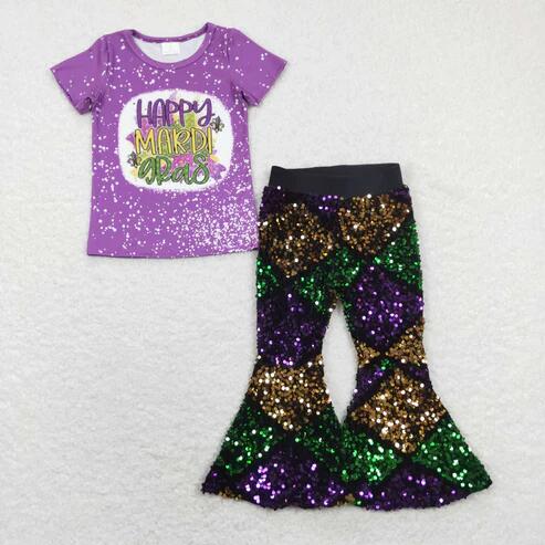 RTS NO MOQ Sibling Baby Girls Mardi Gras Outfit Top with Bell Bottom Pants Clothing Set for Infants