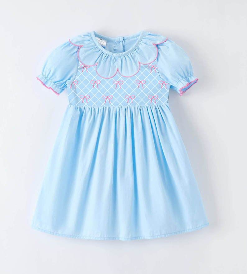 Custom moq 5 mix size milk silk baby girl clothes bow blue short sleeve romper and dress