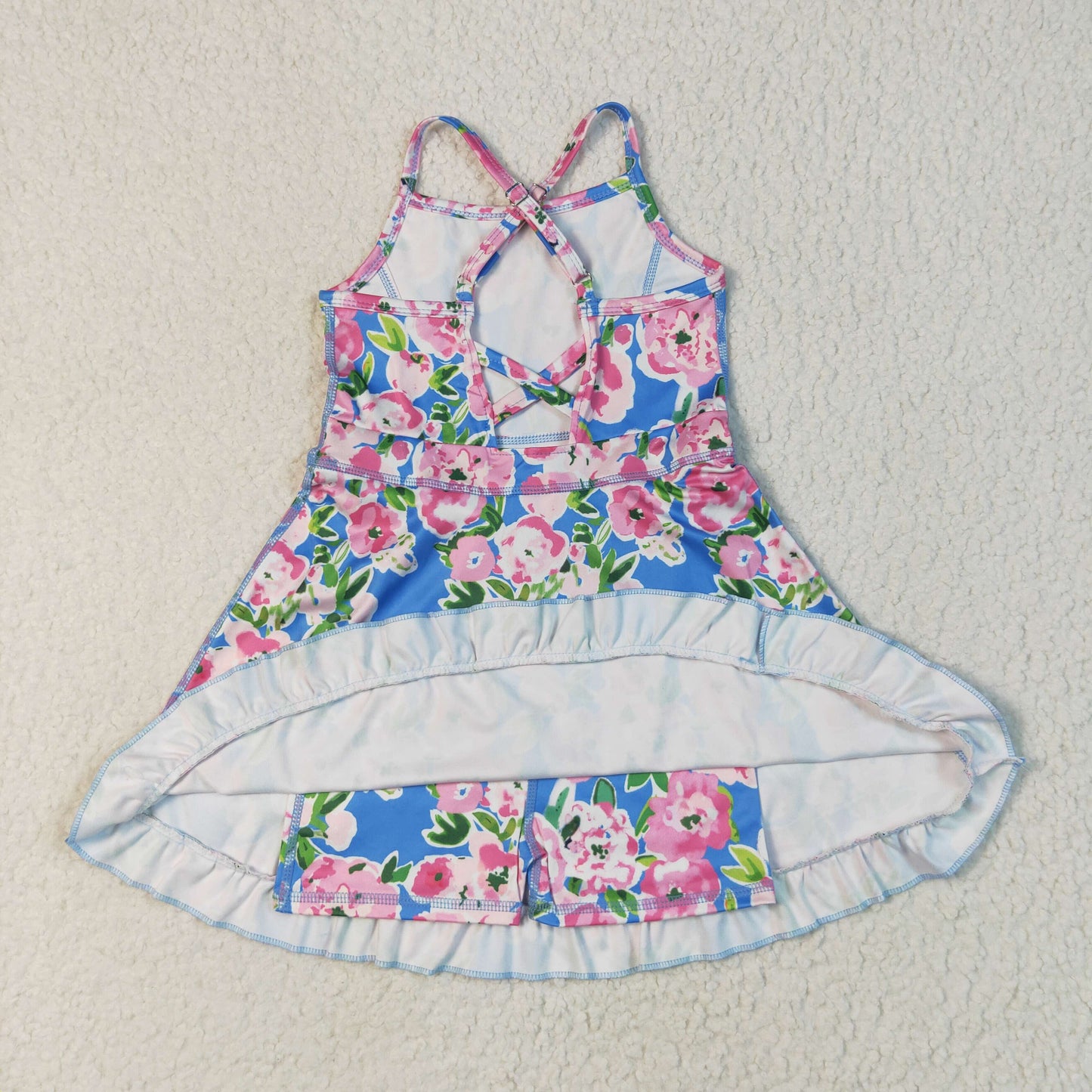 RTS NO MOQ（In Stock) GSD2284 Pink flower blue yoga sleeveless dress
