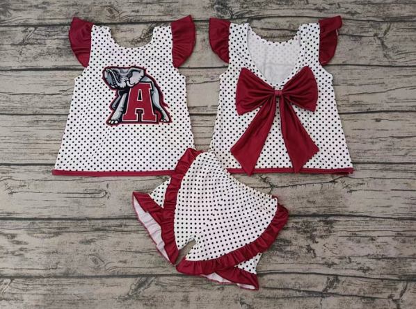 Deadline September 27 custom no moq eta 6-8weeks Red Letter A Battle Elephant Pattern Polka Dot Fly Sleeve Bow Tie Top Shorts Set