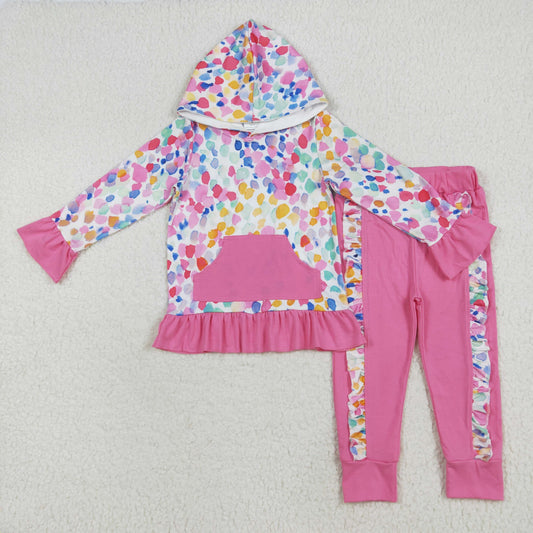 RTS NO MOQ（In Stock) GLP2151 Colorful watercolor pattern rose red lace pocket hooded long-sleeved trousers set