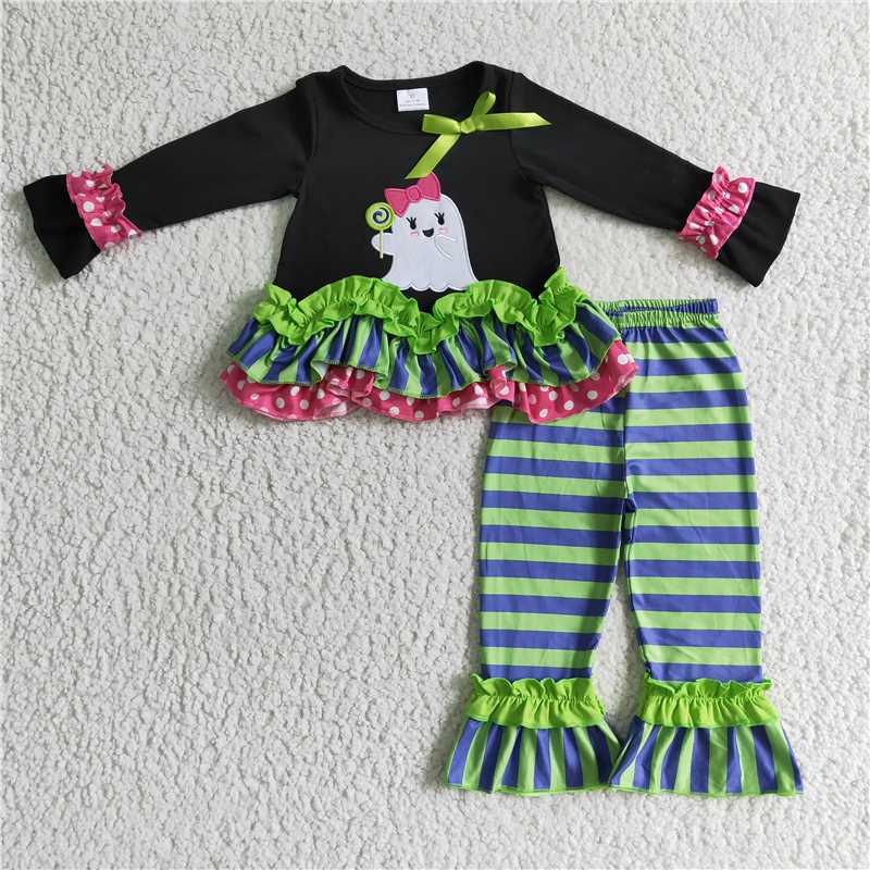 RTS NO MOQ（In Stock) GLP0182 Embroidered halloween Long Sleeve Pants Set