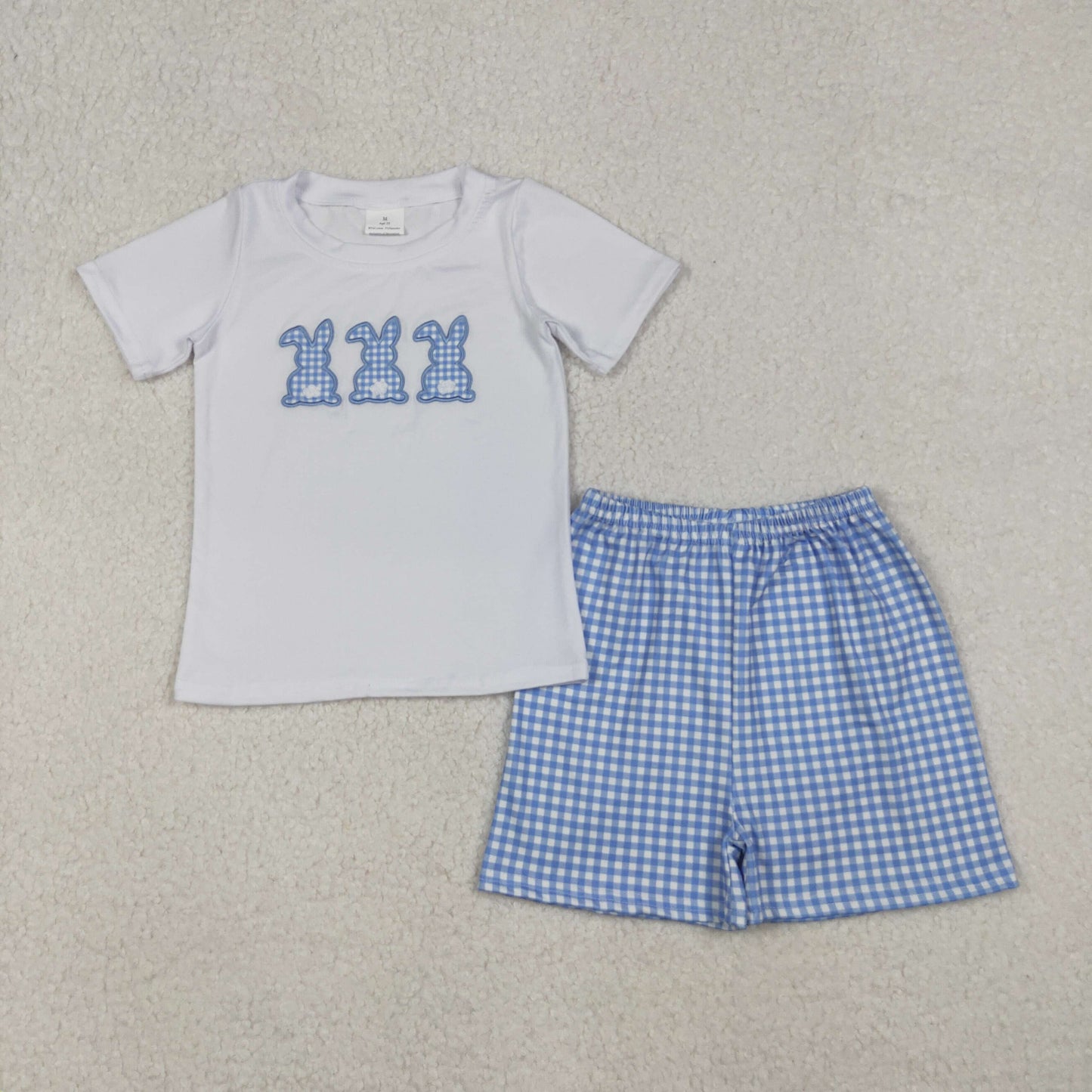 RTS NO MOQ（In Stock) BSSO1123 Embroidered Easter Bunny White Short Sleeve Blue Plaid Shorts Set