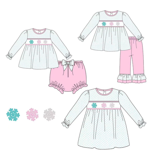 Custom moq 5 each style eta 6-7weeks baby girl clothes long sleeve pants and dress and briefs sets