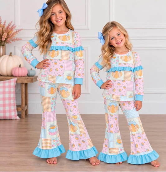RTS No moq milk silk GLP3503 Baby Girls Flowers Bows Pumpkins Top Flare Ruffle Pant Fall Clothes Sets