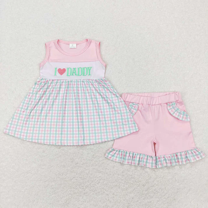 RTS NO MOQ Embroidery I LOVE DADDY short-sleeved shorts suit & and romper