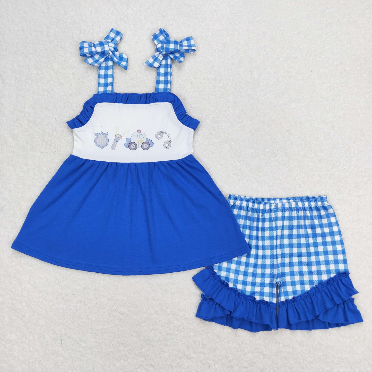 RTS NO MOQ（In Stock) police flashlight blue and white plaid lace suspender shorts suit