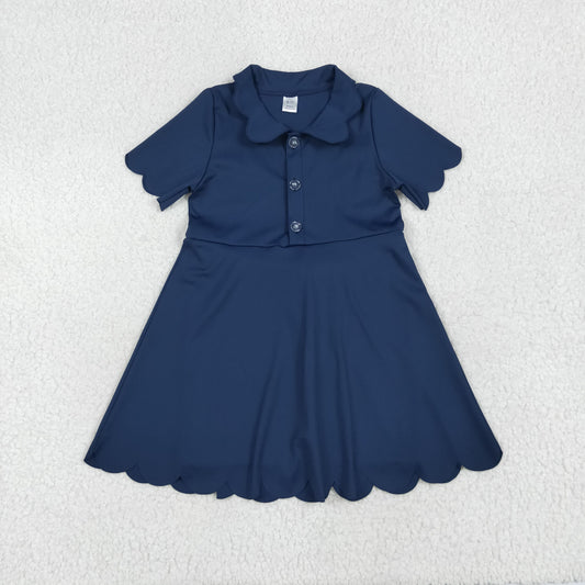 RTS NO MOQ GSD2487 Pure navy blue button short-sleeved yoga dress