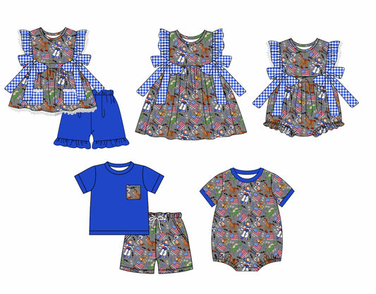 12.2 custom each style moq 5eta 4-6week Sibling Sister 4th of july baby girl short sleeve shorts sets and sets 2 and girls romper and boy romper and dress match design