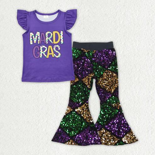 RTS NO MOQ Sibling Baby Girls Mardi Gras Outfit Top with Bell Bottom Pants Clothing Set for Infants