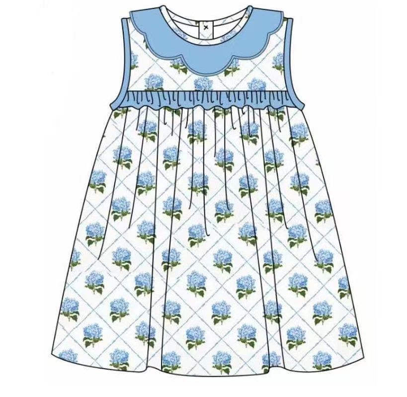 5.11custom each style moq 5eta 4-5week Sibling Sister blue flower prints blue girls outfits and baby romper and dress match family design