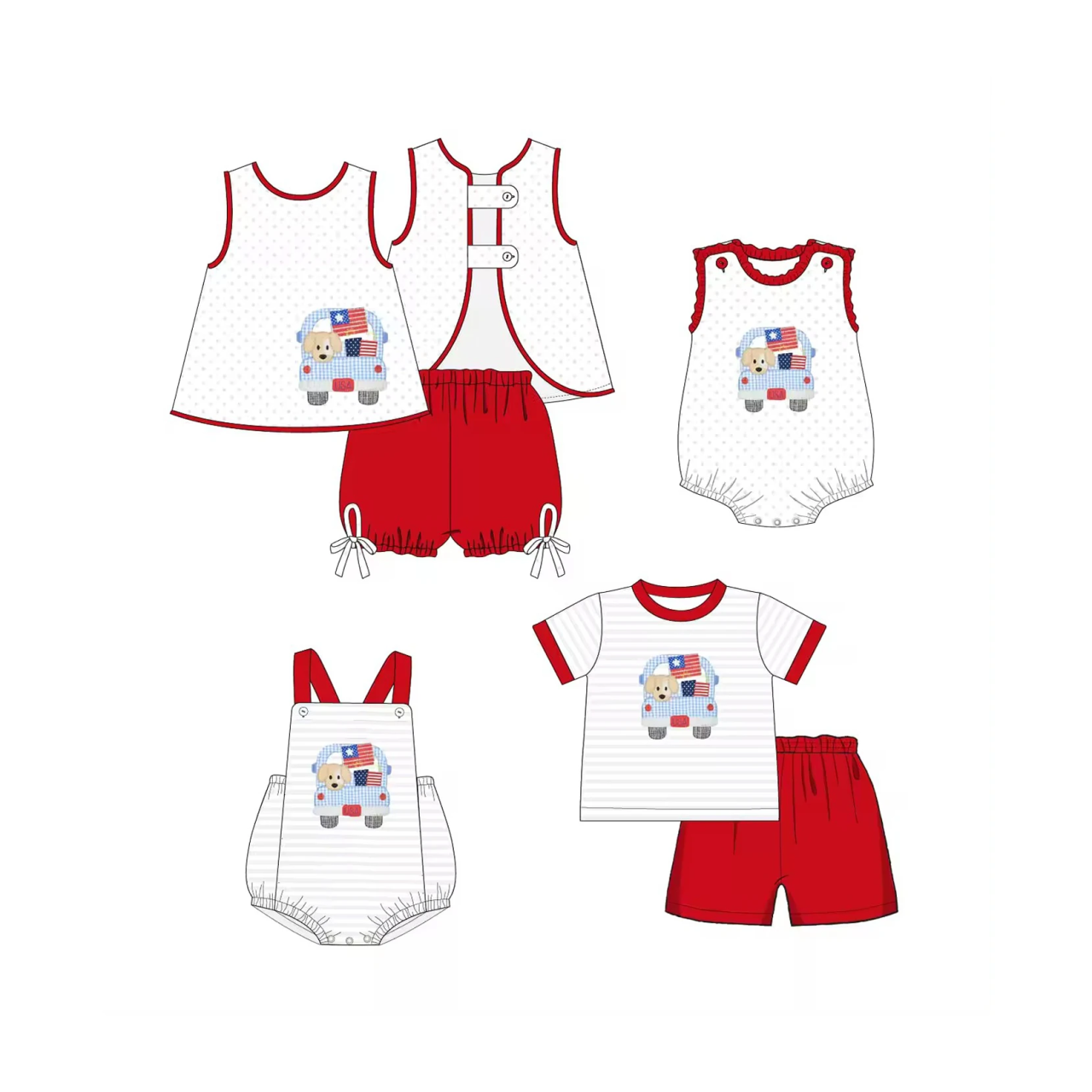 5.10custom each style moq 5eta 4-5week Sibling Sister dog on the car prints red boys and girls outfits and baby romper match family design