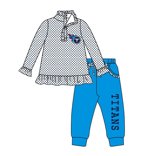 Custom moq 3 eat about 6-8 weeks Black and white polka dot lace button pullover top blue trousers girls sports suit