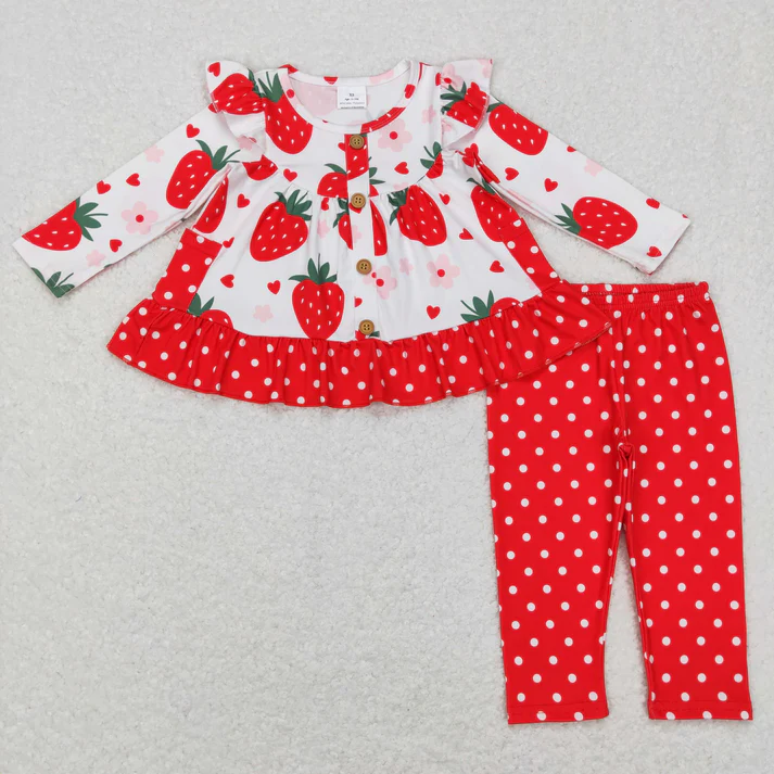 RTS NO MOQ Sibling Baby girl clothes strawberry Long Sleeve Pants Sets and jumpsuit