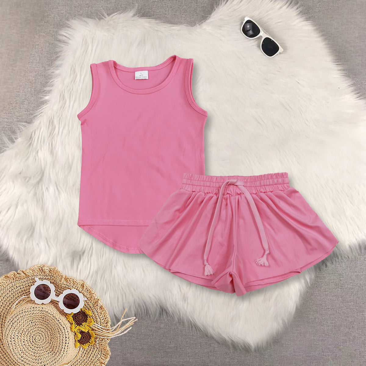 RTS NO MOQ Sibling baby girls clothes yoga solid color short sleeve Clothes Sets