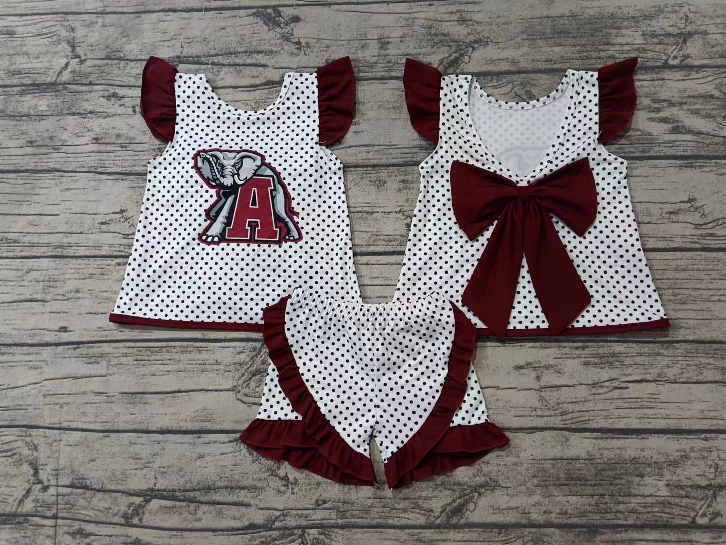 Custom moq 3 eta 6-7weeks  Burgundy Wild Elephant Letter A Pattern Polka Dot Flying Sleeve Bow Tie Top Shorts Set