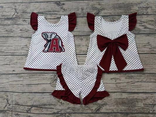 Custom moq 3 eta 6-7weeks  Burgundy Wild Elephant Letter A Pattern Polka Dot Flying Sleeve Bow Tie Top Shorts Set