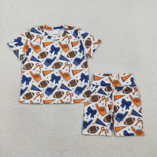 RTS NO MOQ（In Stock) GSSO2722 Orange and blue flared short-sleeved shirt and shorts set with a football-themed design and bow pattern