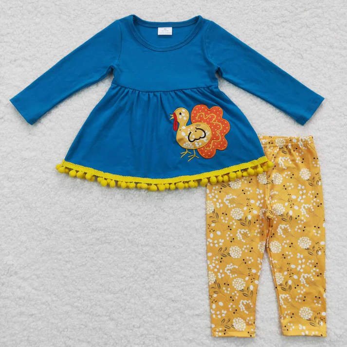 RTS NO MOQ Sibling Baby girls clothes embroidery turkey long-sleeved trousers suits