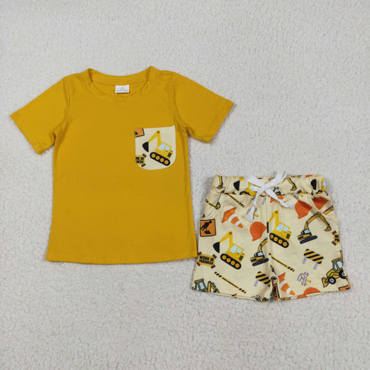 RTS NO MOQ BSSO0529 Engineering vehicle excavator pocket yellow short-sleeved shorts set