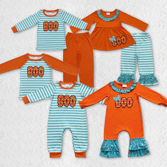 RTS NO MOQ Sibling Baby girls boy clothes embroidery boo long-sleeved trousers suit & romperand top
