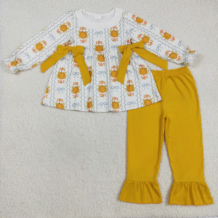 RTS NO MOQ Sibling baby girl clothes halloween pumpkin bow long sleeve pants Sets
