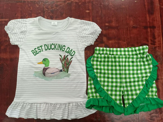 custom moq 5 eta 5weeks summer baby girls clothes duck short sleeve green grid shorts Set